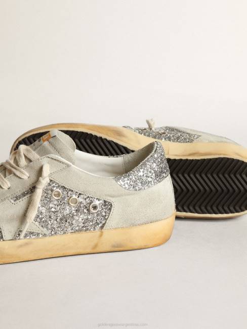 Golden Goose mujer zapatillas super-star en purpurina plateada con estrella e inserciones de ante gris hielo 684612