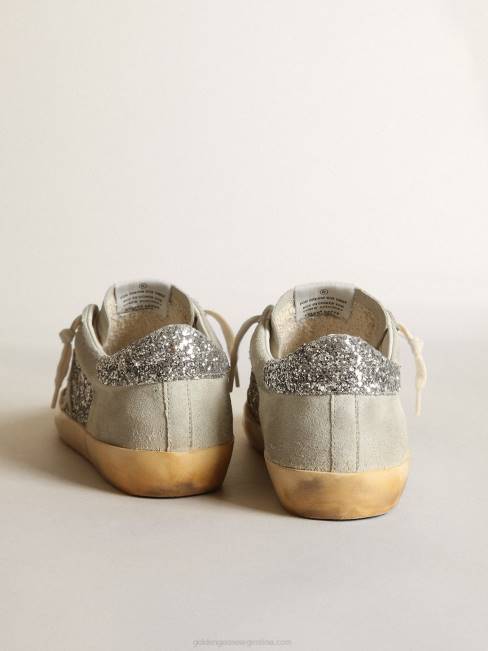 Golden Goose mujer zapatillas super-star en purpurina plateada con estrella e inserciones de ante gris hielo 684612