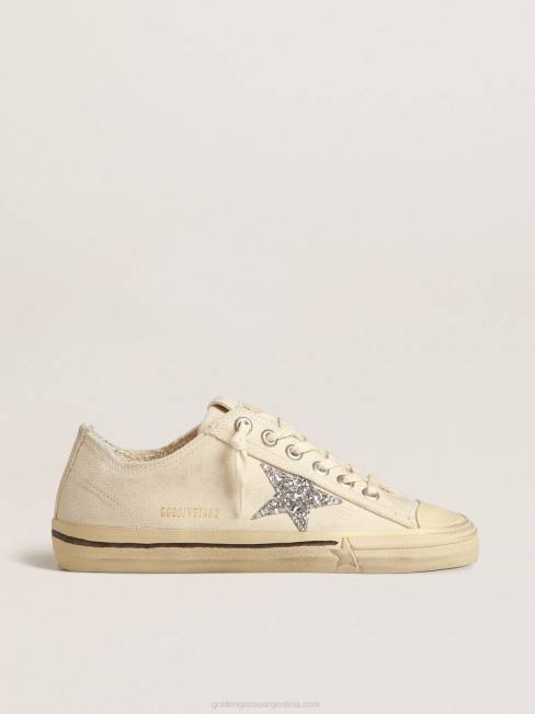 Golden Goose mujer v-star de lona beige con estrella plateada brillante 6846157
