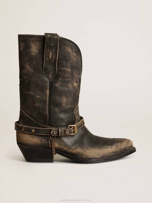 Golden Goose mujer botas bajas wish star en cuero negro brillante con cadena 6846426