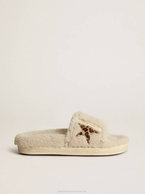 Golden Goose mujer poolstar de piel de borrego beige con estrella de piel de potro con estampado de leopardo 6846432