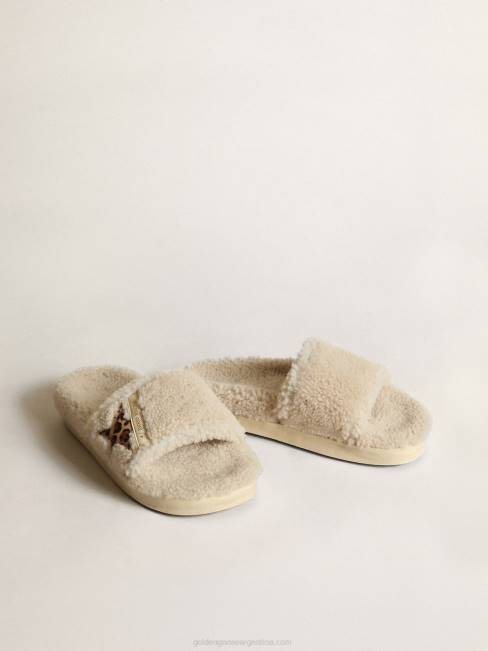 Golden Goose mujer poolstar de piel de borrego beige con estrella de piel de potro con estampado de leopardo 6846432