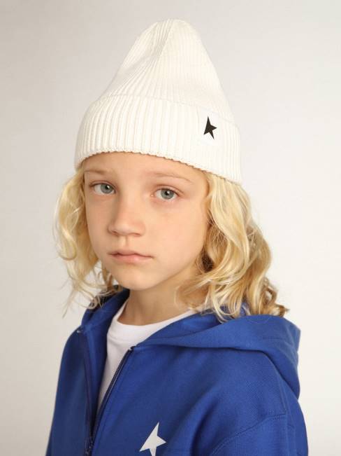 Golden Goose niños gorro de algodón blanco roto con estrella negra en contraste 6846898
