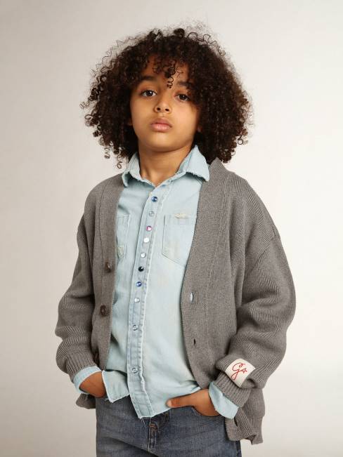 Golden Goose niños cárdigan de algodón gris con logo en la espalda 6846895